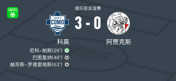 科莫3-0大胜阿贾克斯，赫苏斯-罗德里格斯1传1射，巴图里纳破门