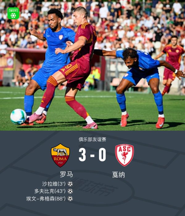 罗马3-0戛纳，沙拉维传射建功，多夫比克、埃文-弗格森破门