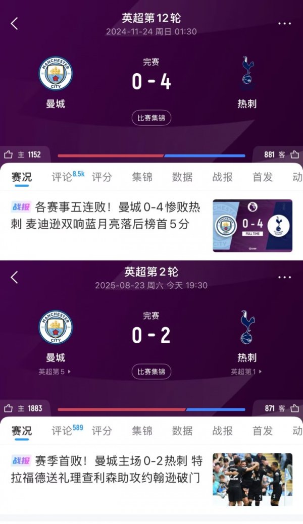 蓝月克星，瓜迪奥拉苦主！热刺连续2场客场应战    战胜曼城，4-0&2-0！