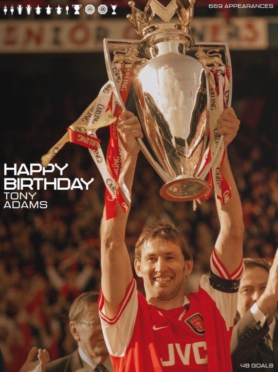 一生一队！阿森纳祝亚当斯59岁生日快乐，他出战669次打进48球